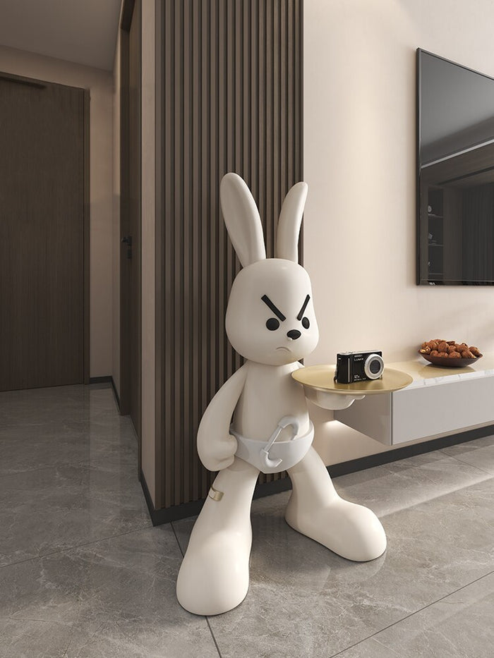 Angry Bunny Statue With Tray Home Decor Rabbit Statue