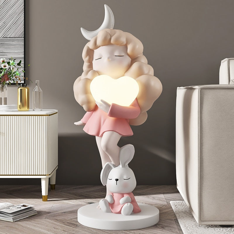 Cute Girl And Moon Statue Lamp - Room Decor